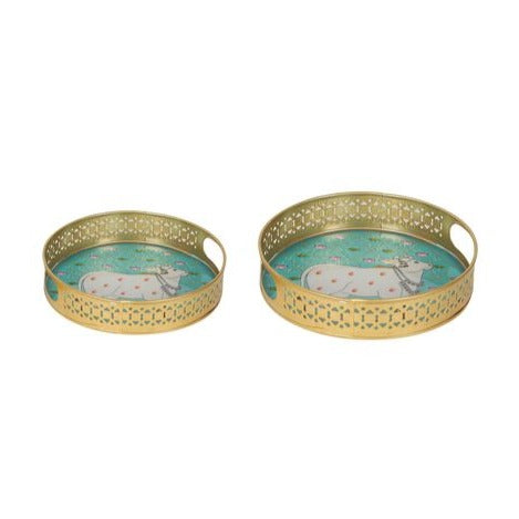 Round Green Pichwai Tray (Set of 2)