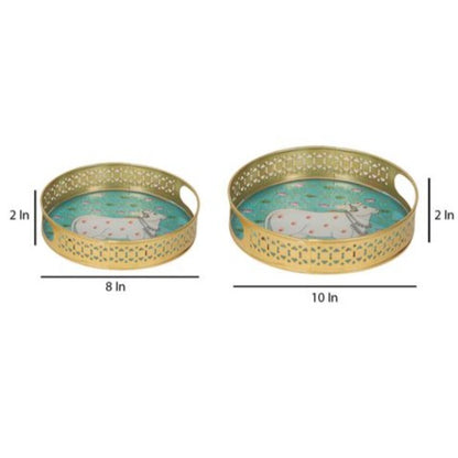 Round Green Pichwai Tray (Set of 2)