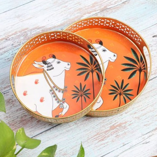 Round Orange Pichwai Tray (Set of 2)