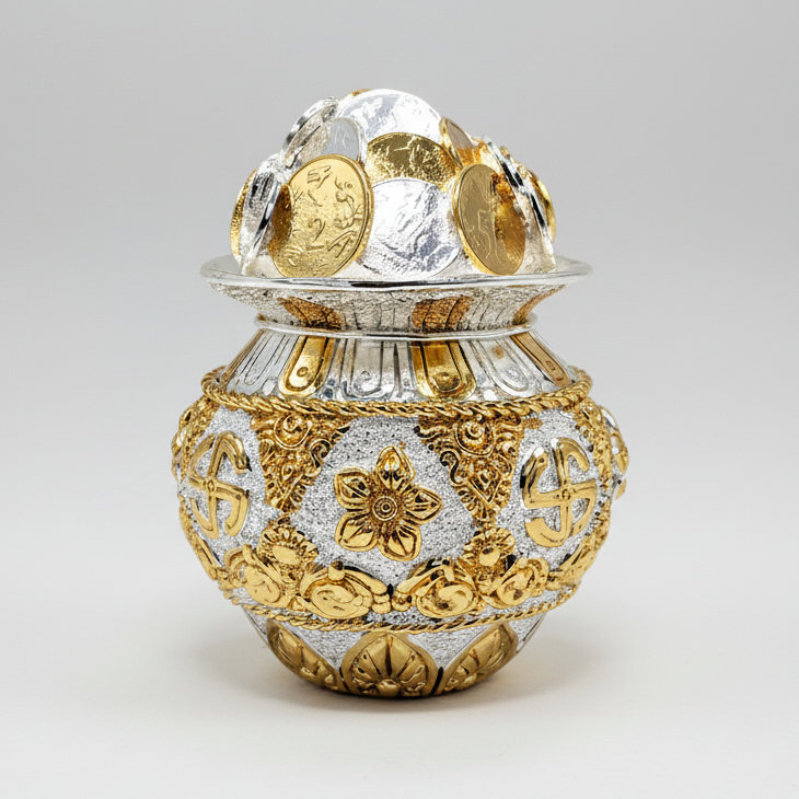 Divine Abundance 999 pure silver plated Lakshmi Kalash nakkashi design luxury pooja decor UphaarOnline