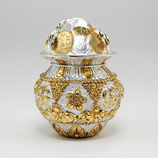 Divine Abundance 999 pure silver plated Lakshmi Kalash nakkashi design luxury pooja decor UphaarOnline