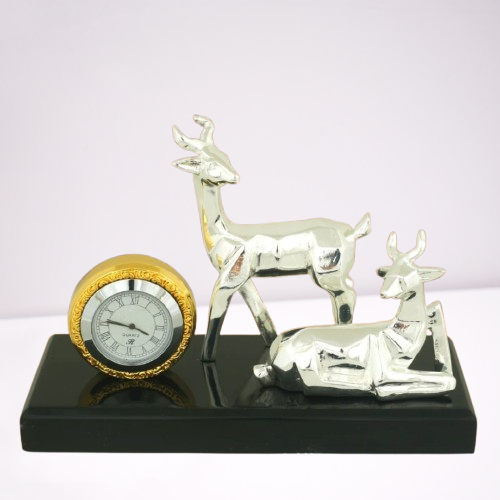 Eternal Grace 999 pure silver plated deer sculpture desk clock luxury home office decor UphaarOnline