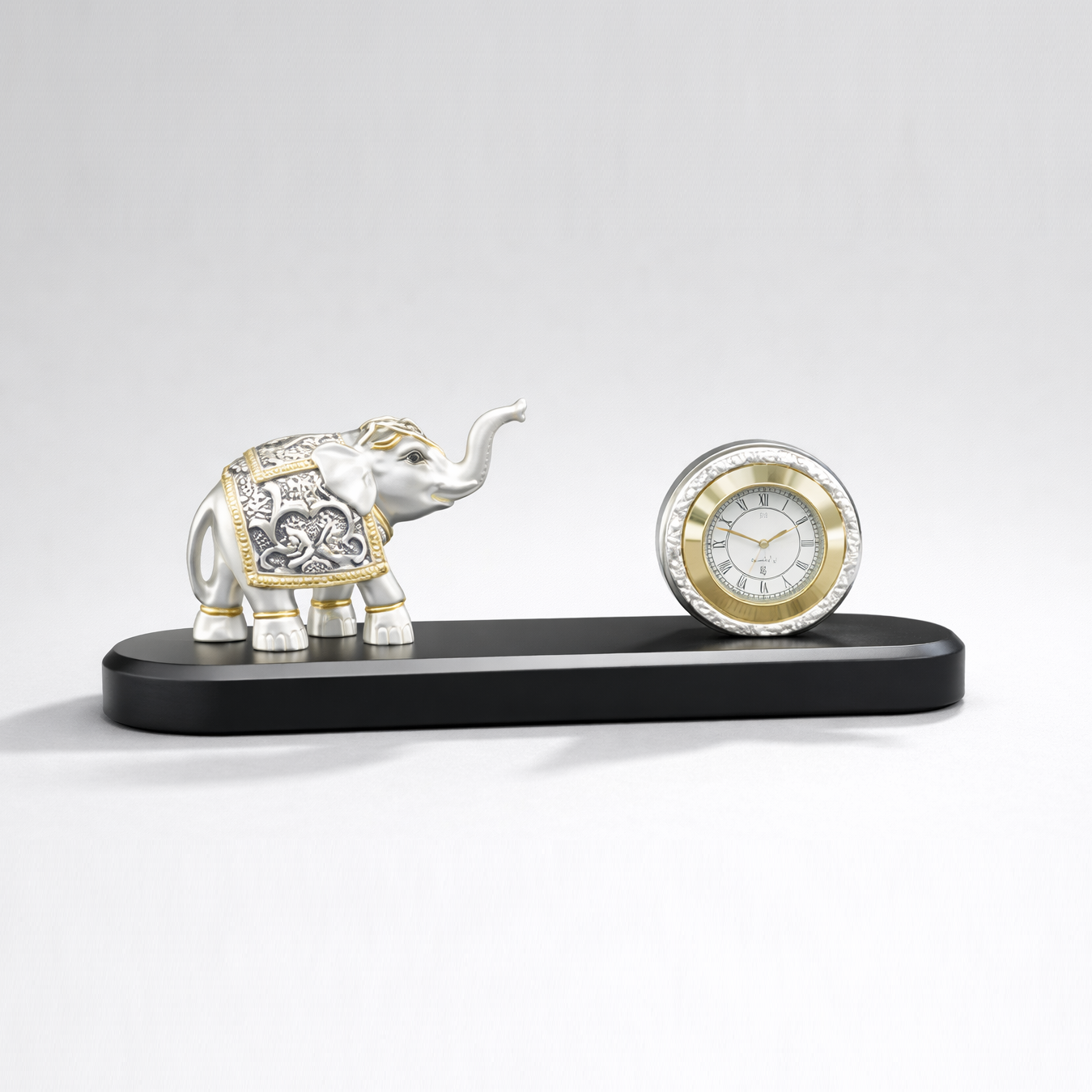 Majestic Ivory 999 pure silver plated elephant desk clock luxury home decor UphaarOnline