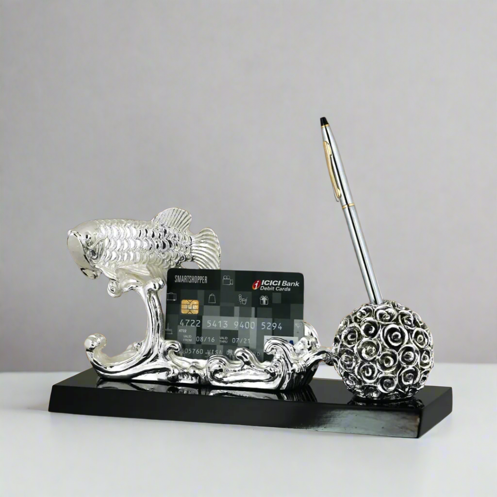 Prosperity Flow 999 pure silver plated koi fish desk organizer pen holder luxury office decor UphaarOnline