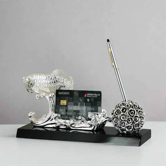 Prosperity Flow 999 pure silver plated koi fish desk organizer pen holder luxury office decor UphaarOnline