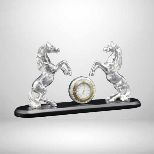Regal Valor 999 pure silver plated twin horse sculpture desk clock luxury office decor UphaarOnline