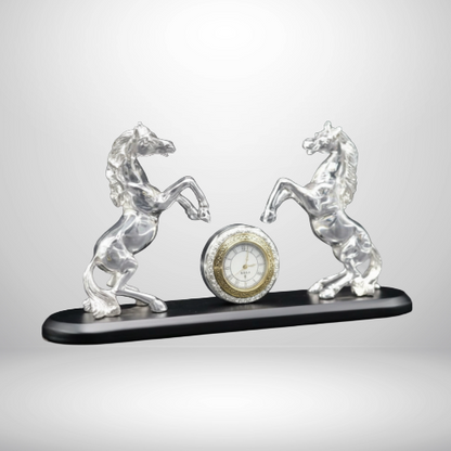 Regal Valor 999 pure silver plated twin horse sculpture desk clock luxury office decor UphaarOnline