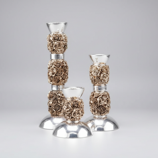 Rosé Aurelia 999 pure silver plated floral candle holder set luxury home decor UphaarOnline