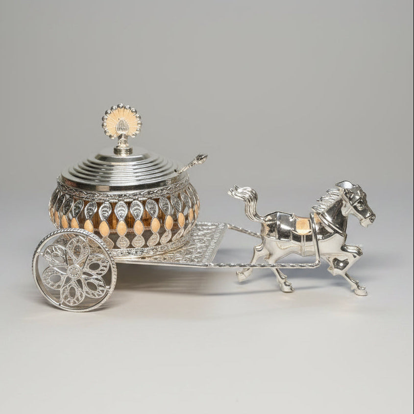 Royal Carriage German Silver horse cart dry fruit server with crystal bowl and spoon
