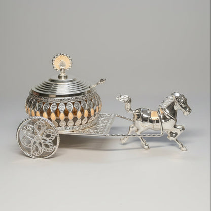 Royal Carriage German Silver horse cart dry fruit server with crystal bowl and spoon