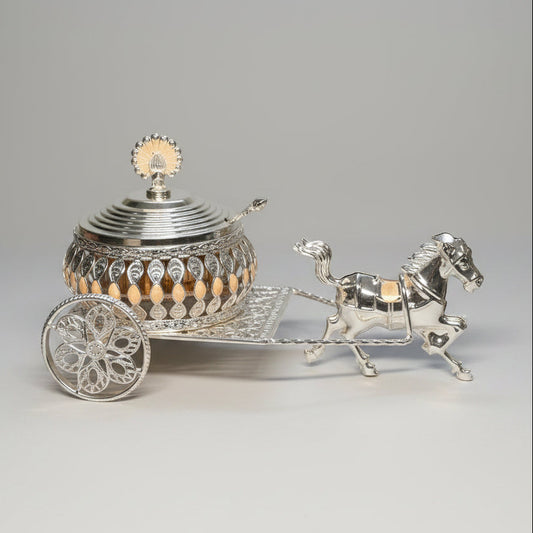Royal Carriage German Silver horse cart dry fruit server with crystal bowl and spoon