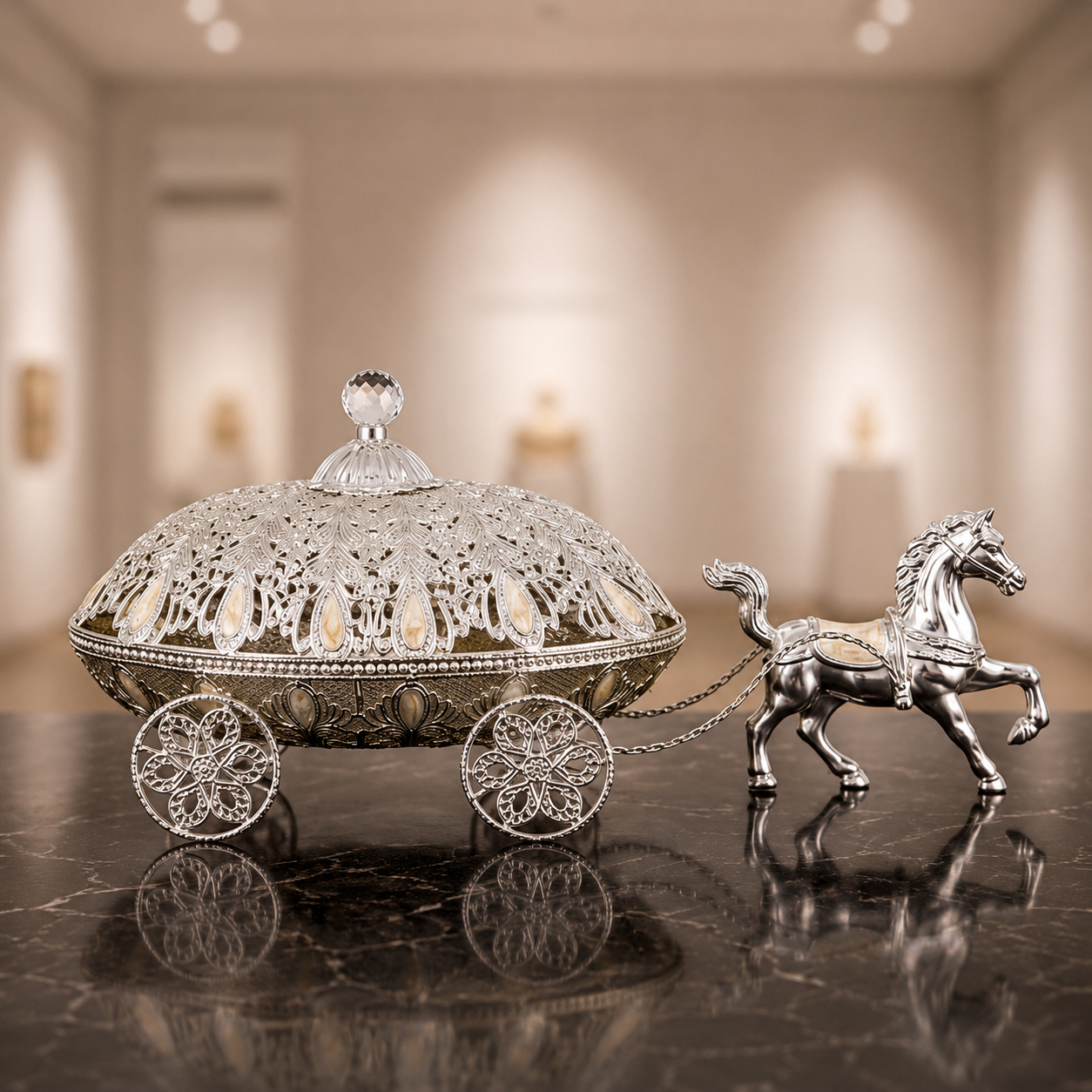 Royal Carriage German Silver horse carriage dry fruit server with decorative lidded bowl