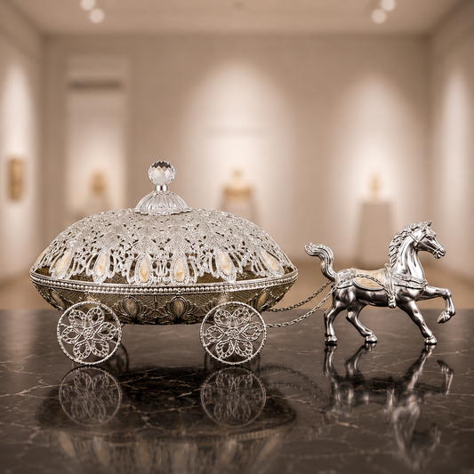 Royal Carriage German Silver horse carriage dry fruit server with decorative lidded bowl