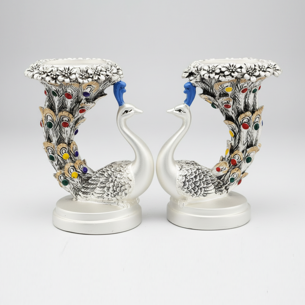 Royal Plume 999 pure silver plated peacock T-light candle holder pair luxury home decor UphaarOnline