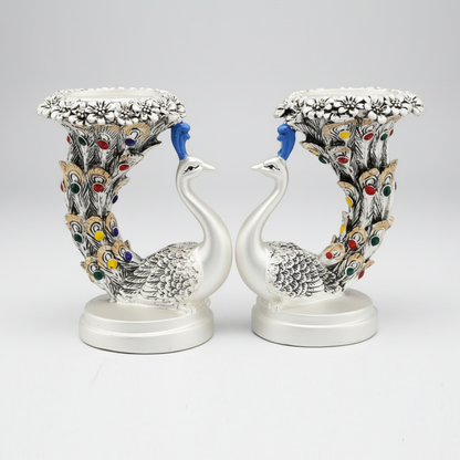 Royal Plume 999 pure silver plated peacock T-light candle holder pair luxury home decor UphaarOnline