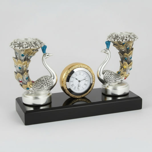 Royal Plume 999 pure silver plated peacock desk clock luxury home decor UphaarOnline