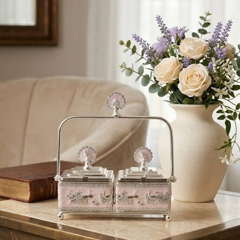 Royale Twin Caddy German Silver twin compartment serving box with decorative handle