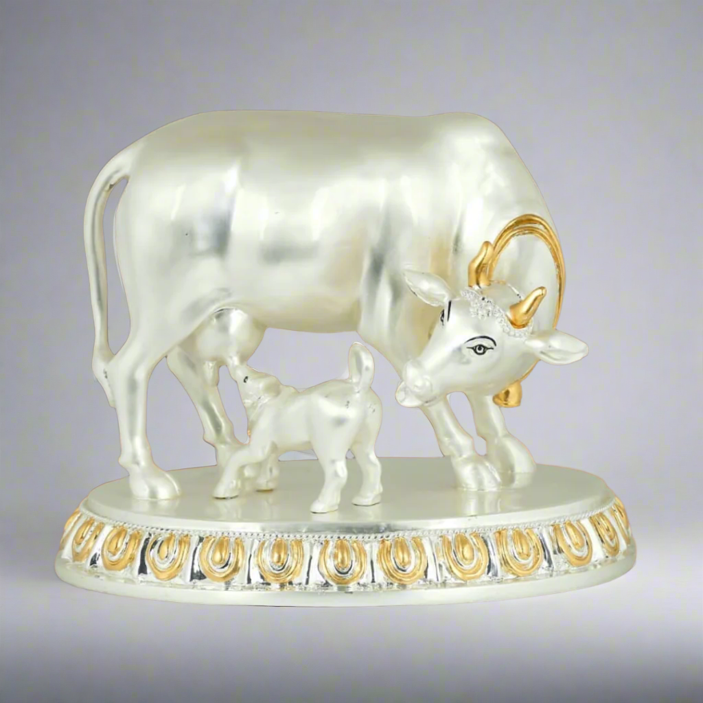 Sacred Prosperity 999 pure silver plated Kamdhenu cow calf sculpture luxury spiritual home decor UphaarOnline