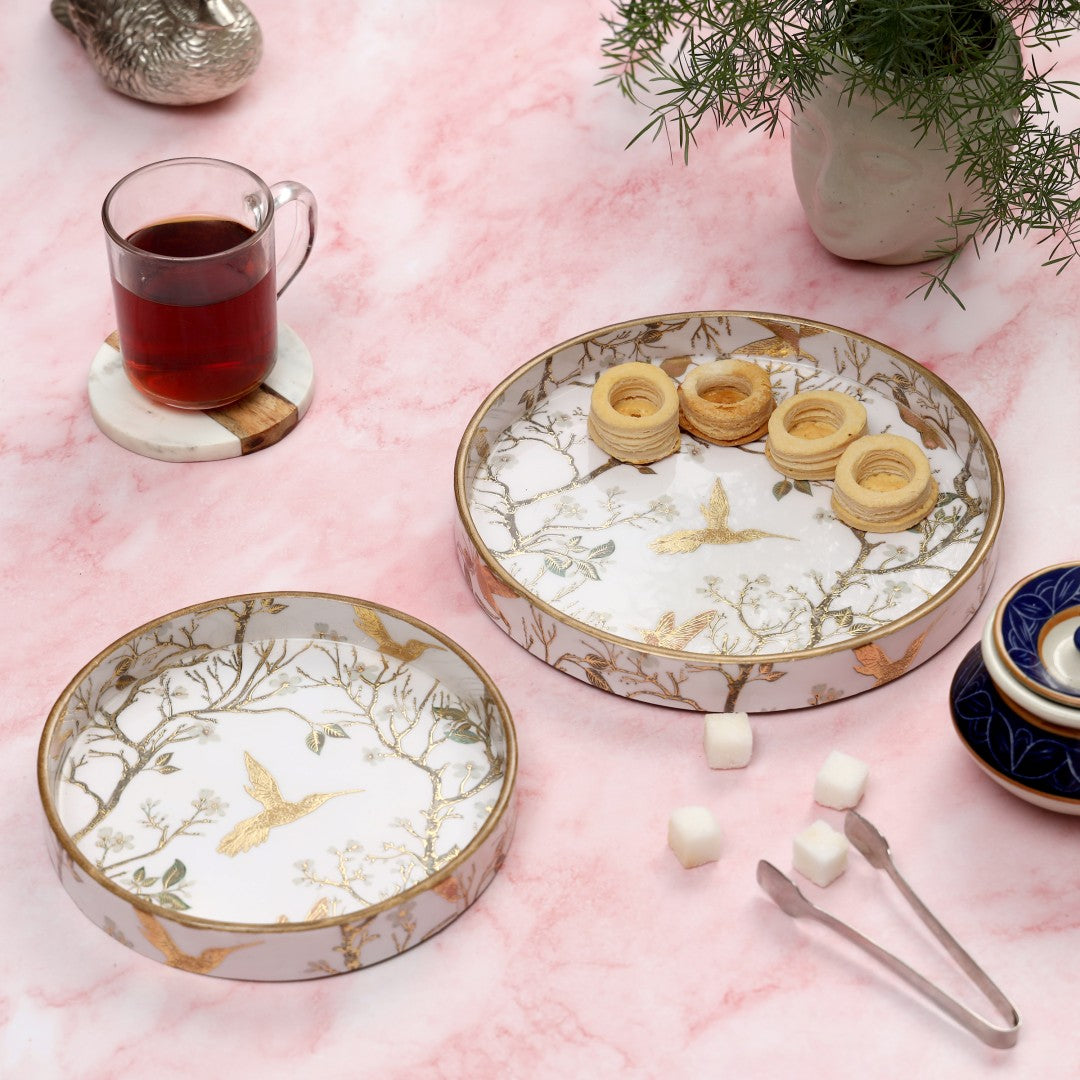 MDF Wood Round Gold Birds Serving Trays (Set of 2)