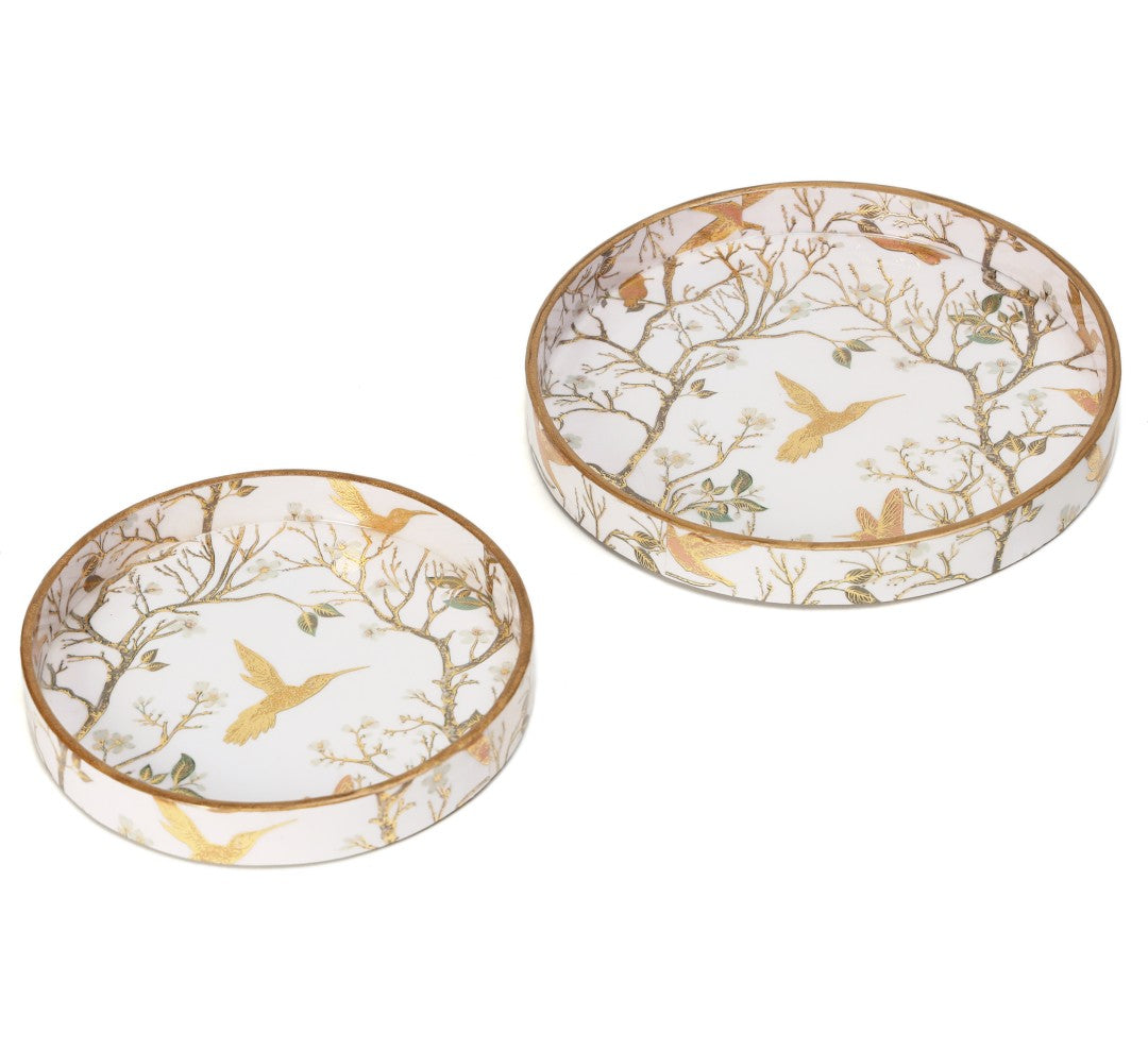 MDF Wood Round Gold Birds Serving Trays (Set of 2)