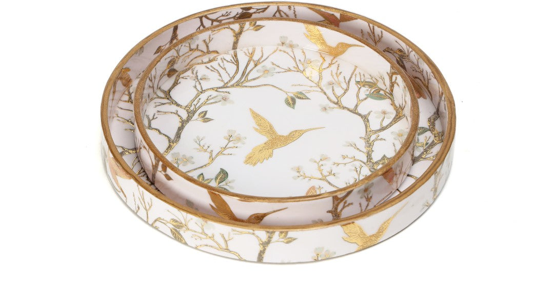 MDF Wood Round Gold Birds Serving Trays (Set of 2)