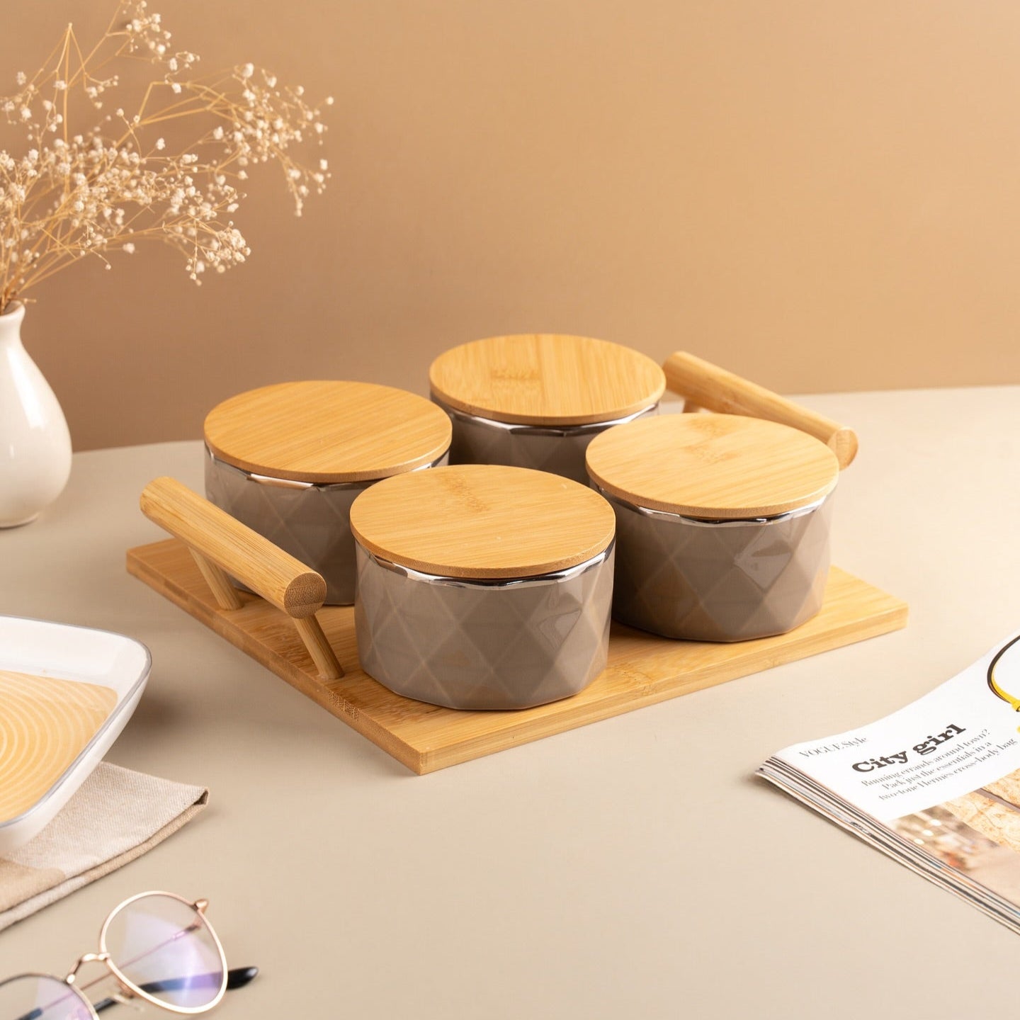 Takisso brown ceramic dry fruit and candy set with four containers, airtight wooden lids and wooden serving tray