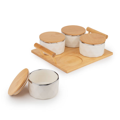 Takisso ceramic dry fruit and candy set with four containers, airtight wooden lids and wooden serving tray