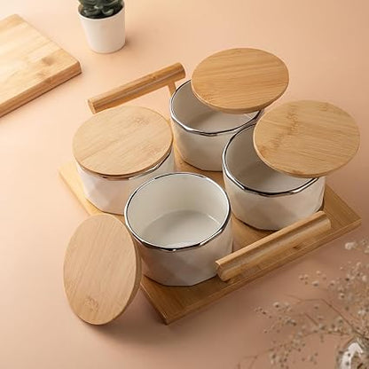 Takisso ceramic dry fruit serving set with wooden tray