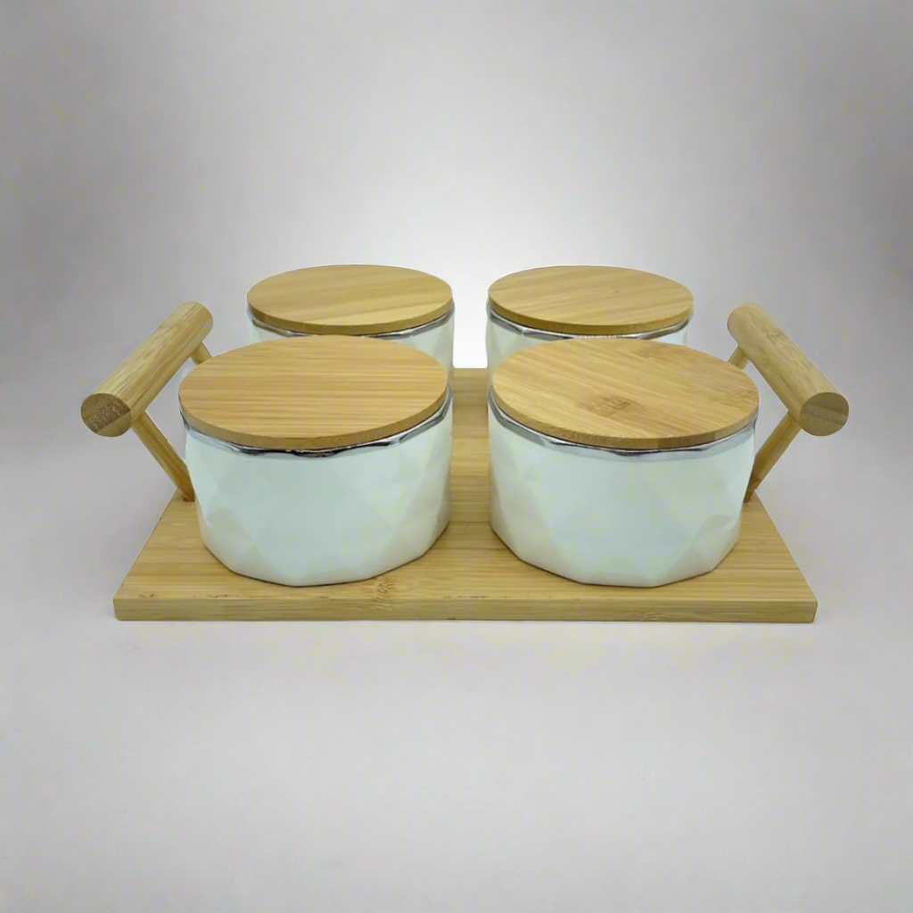 Takisso four-piece ceramic dry fruit container set with wooden lids