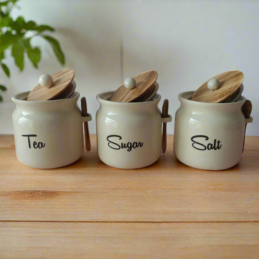 Ivory Matka Tea, Sugar, Salt Solid Ceramic Containers
