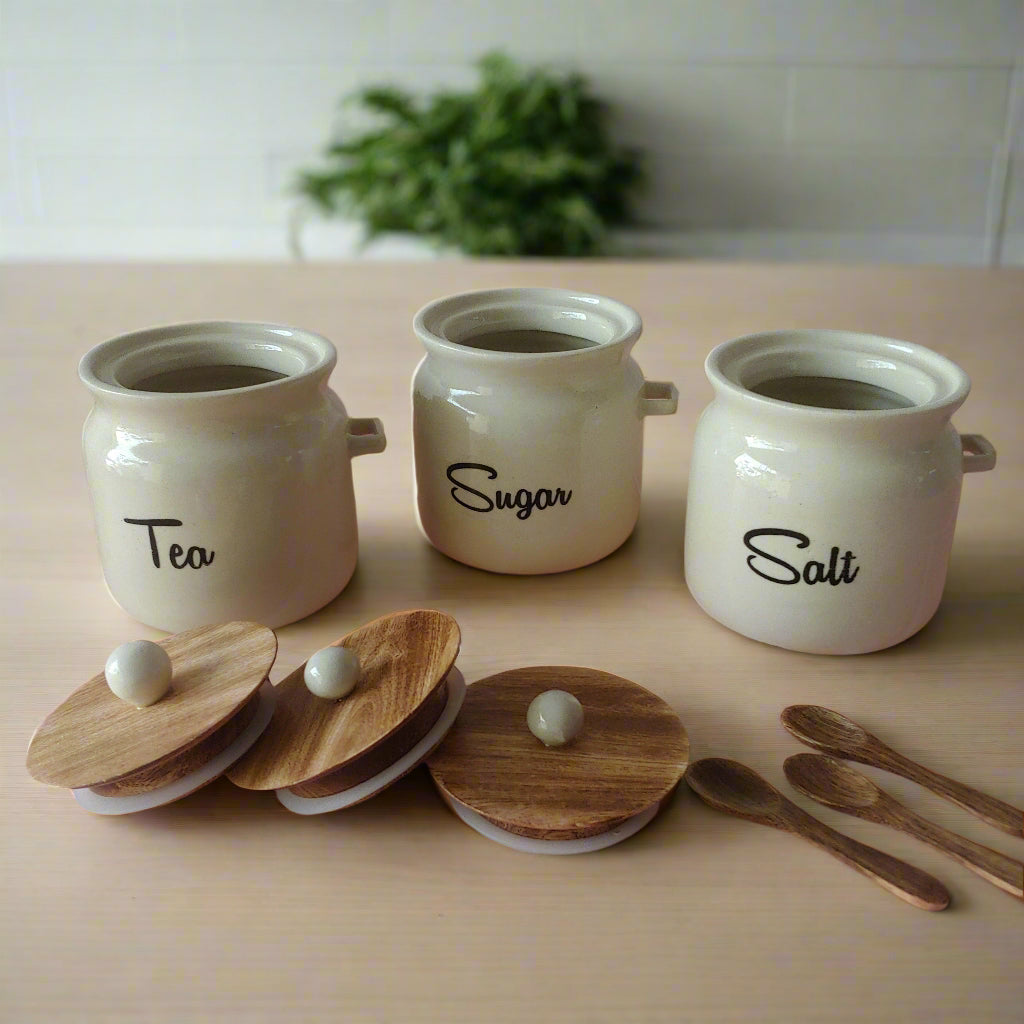 Ivory Matka Tea, Sugar, Solid Ceramic Containers