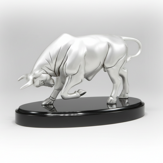 Thundering Beast 999 pure silver plated charging bull sculpture luxury office decor UphaarOnline